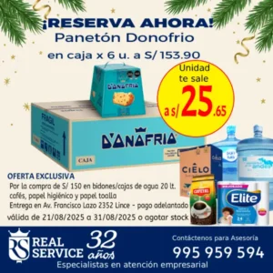 Lee más sobre el artículo Lleva a 153.90 soles paneton Donofrio en caja x 6 por compra de 150 soles en bidon de agua San Luis, cafés y papel higiénico