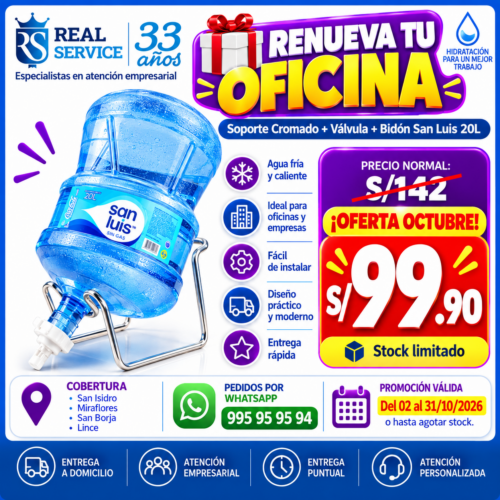 Dispensador de agua (soporte plateado + válvula) + Agua de mesa San Luis 20 litros
