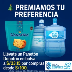 Lee más sobre el artículo Premiamos tu preferencia: Llévate un Panetón Donofrio en bolsa a S/ 23.15 por tu compra en agua San Luis 20 litros