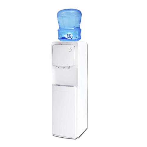 Dispensador de agua ILUMI 3 caños, agua caliente, fria y normal blanco mas frigobar + bidon de agua San Luis 20 litros