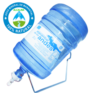Dispensador de agua (soporte plateado + válvula) + envase + Bidon de agua mineral Manantial de los Andes 20 litros