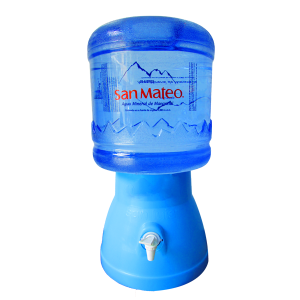 Dispensador de agua celeste + envase + bidón de agua mineral San Mateo 21 litros