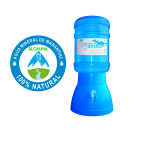 Dispensador de agua celeste + envase + agua natural Manantial de los Andes 20 litros